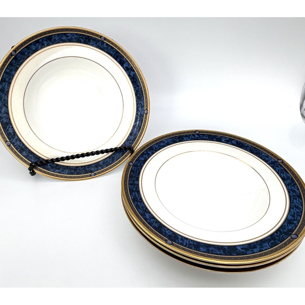 Royal Doulton Stanwyck Rim Soup Bowl Set of 4 Blue White Gold 8 1/8" England